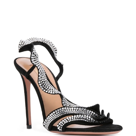 Aquazzura Shoes - NWT Aquazzura Ruffle Black Suede Crystal Sandal Size 37.5/7.5